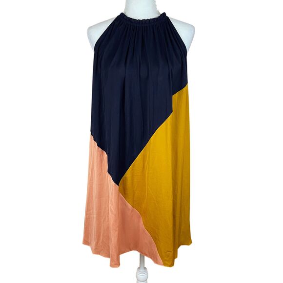 LOFT Colorblock Halter Swing Dress Size XS Navy Gold Peachy-Pink Light & Flowy - Picture 2 of 7